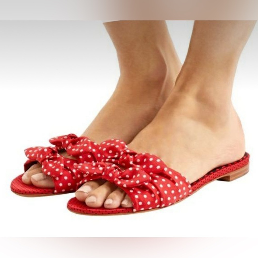NWOB TABITHA SIMMONS Red Cleo Bow-Embellished Polka-Dot Twill Slides size 10